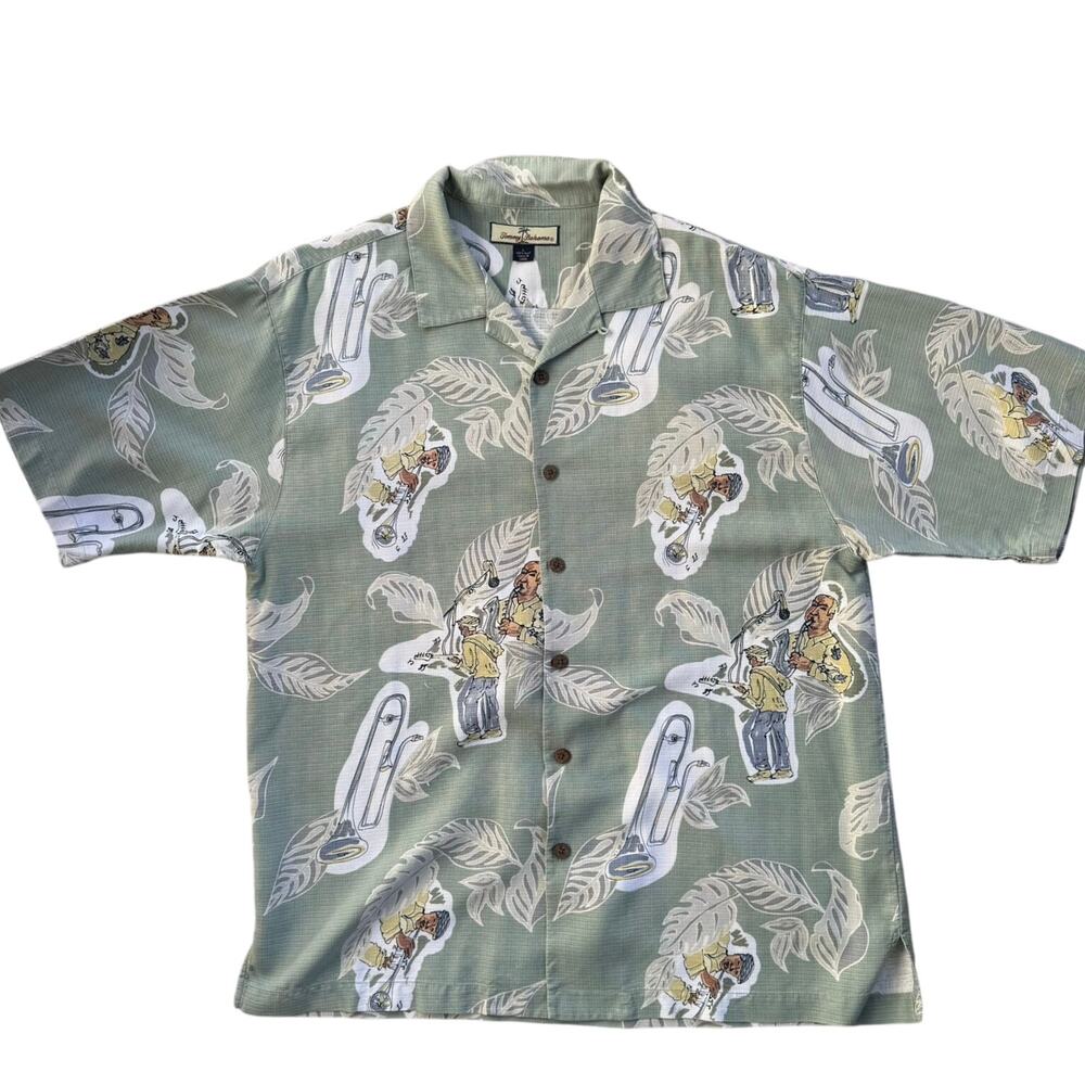 Tommy Bahama 100% Silk Jazz Music Light Green Button 
Down Shirt Size Large